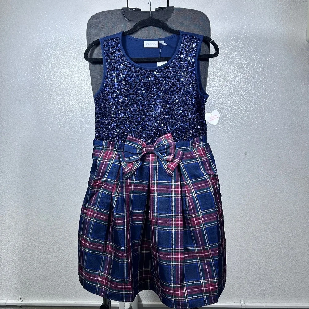 The Children's Place Girls Sequin Plaid Dress Blue Size 16‎ XXL A60